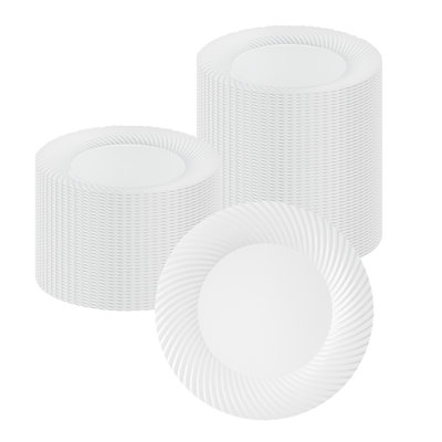 Restaurantware-Moderna 9 Inch Premium Disposable Plates, 40 Round Plastic Plates For Parties - Wave Pattern, Heavy-duty, White Plastic Dinner Plate, For Warm And Cold Foods, Ideal For Cafes
