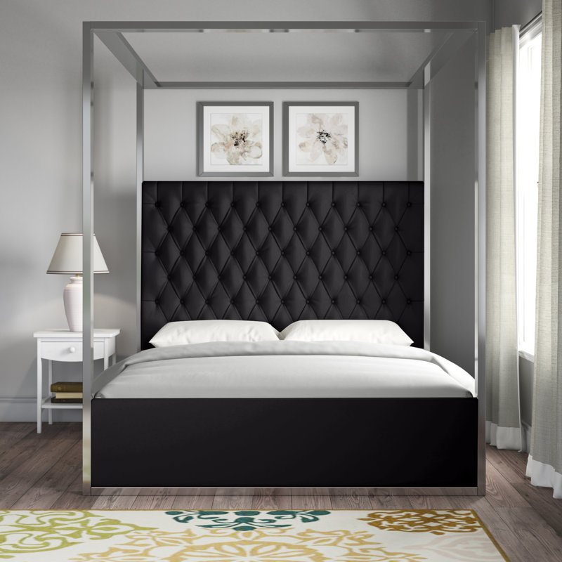 Porter Tufted Upholstered Canopy Bed, King, Black Velvet