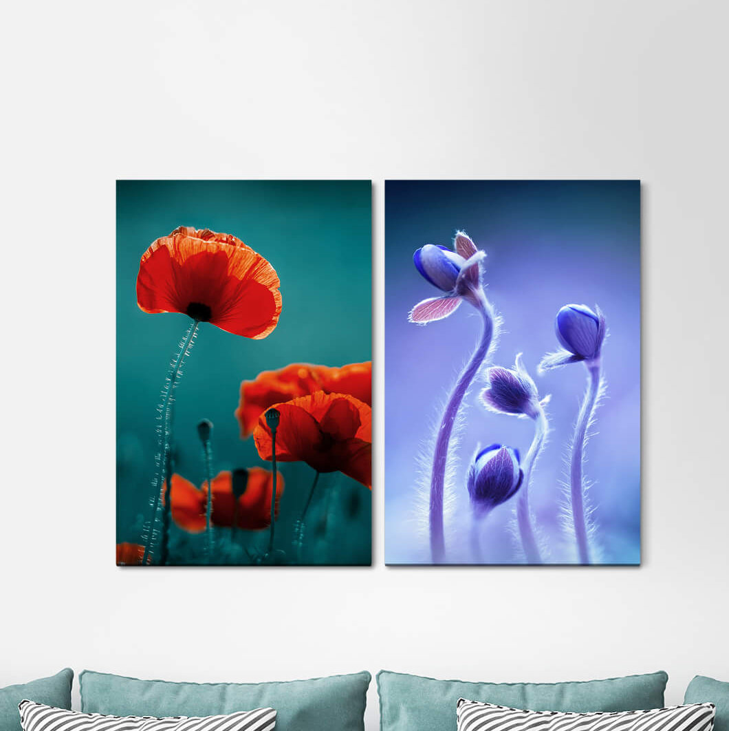 2-tlg. Leinwandbilder-Set - Fotografie „Poppy Flower Buds Red Blue Tender Gentle”