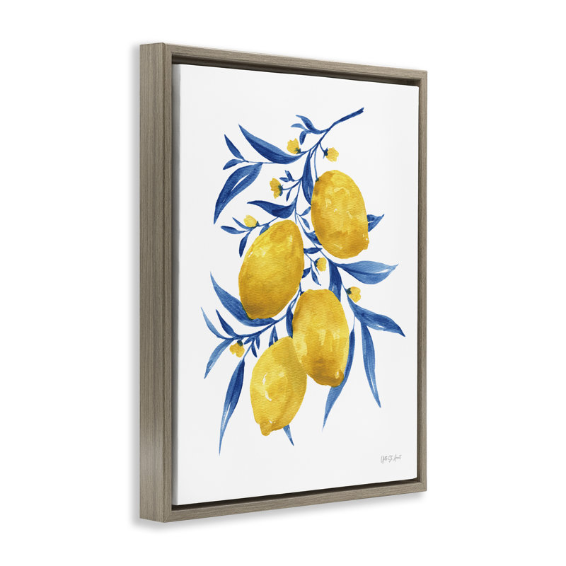 «Blue Leaf Lemons Floater», art mural sur toile par Yvette St. Amant, Cadre flottant orme Montalcino, H 21 po x l 17 po