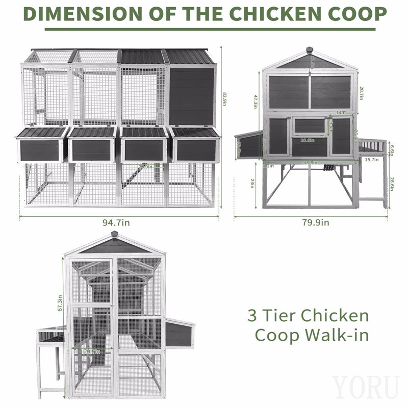 Poulailler avec poulailler, poulaillers pour 10 poulets à l'extérieur avec nichoirs, poulailler en bois avec plateaux coulissants, cage de jardin (95 po x 80 po x 83 po)