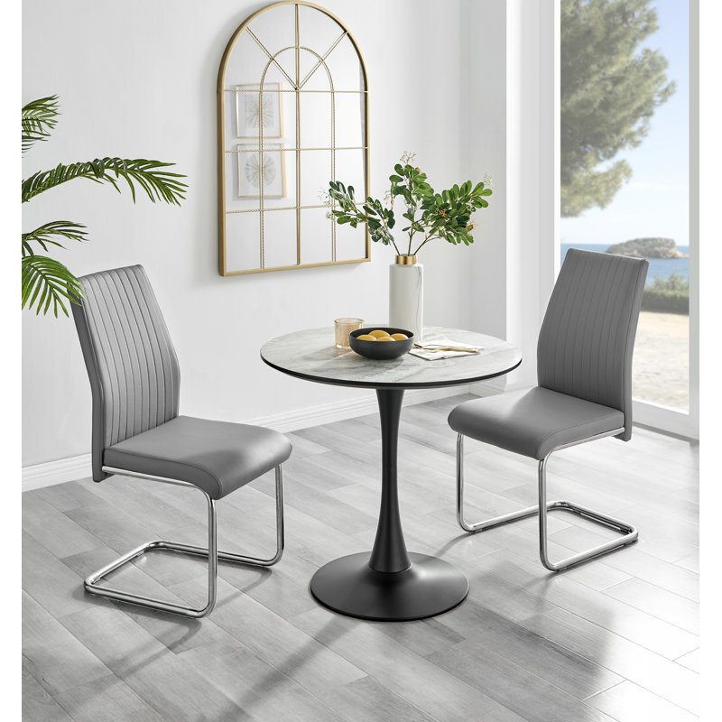 Ellis White Marble Effect Melamine Round Dining Table Set with 2 Upholstered Faux Leather Chairs, Grey, Grey