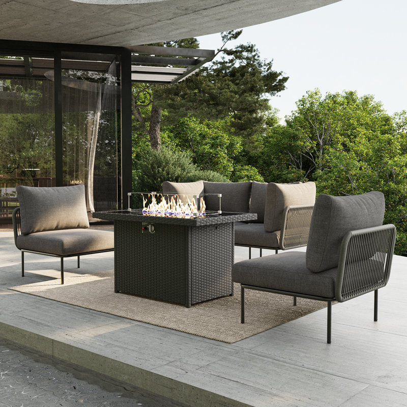 Ebern Designs 5 Pieces Aluminum Patio Furniture Set, Modern Modular Sectional Sofa with Fire Pit Table and Upgrade Thickness Cushion