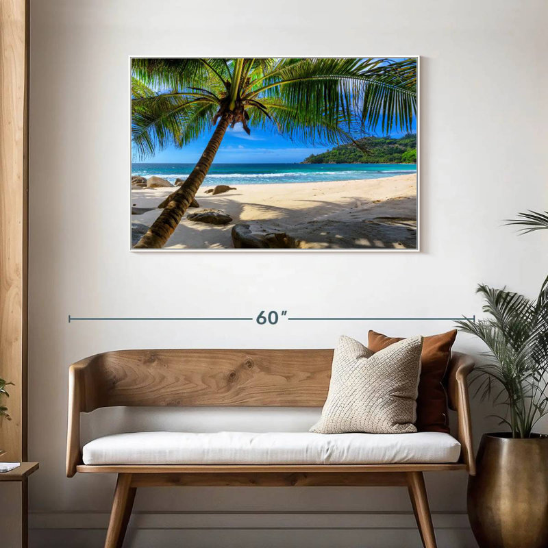 Palmier sur une plage de sable, Cadre flottant blanc, 43 po x 29 po