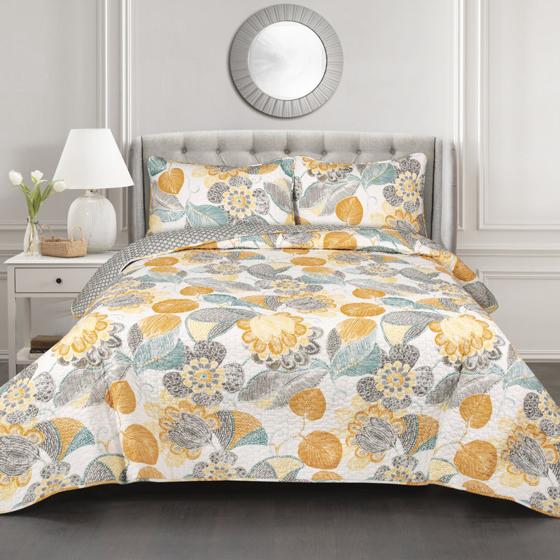 Lush Decor Layla Floral Reversible Cotton Quilt Set, Jaune/gris, Courtepointe pour lit double/grand et 2 taies déc
