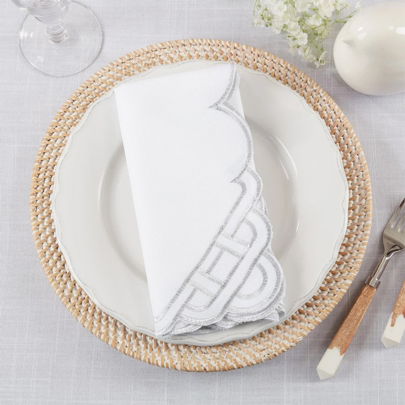 Braid Embroidered Metallic Border Cloth Napkins 20" W X 20" L, Set Of 4, Silver