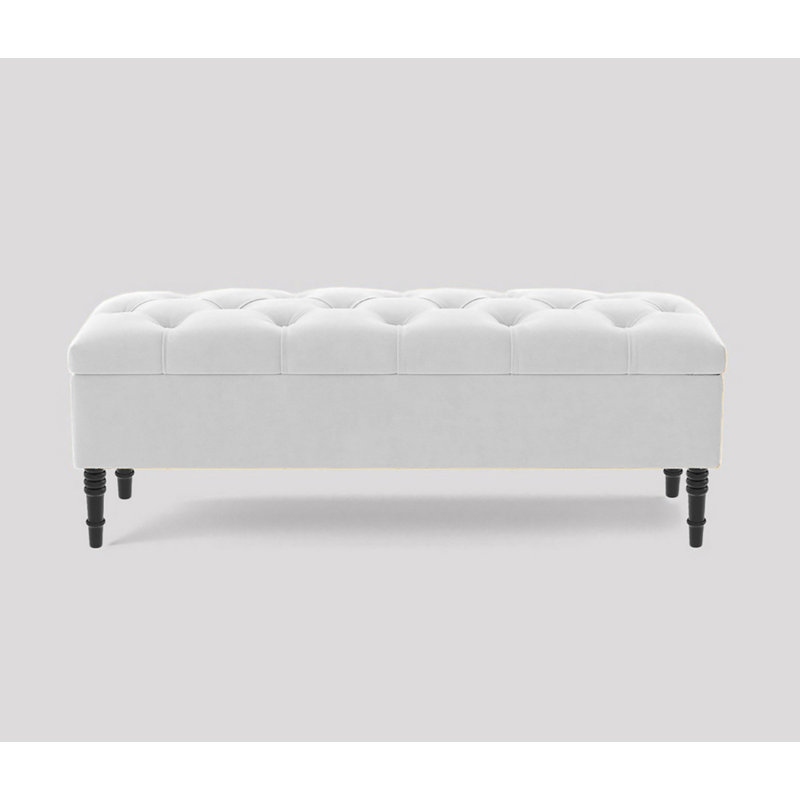Alyana Wide Tufted Rectangle Ottoman Storage Bench - Upholstery Velvet Shoe Bench with Turned Wooden Legs, White