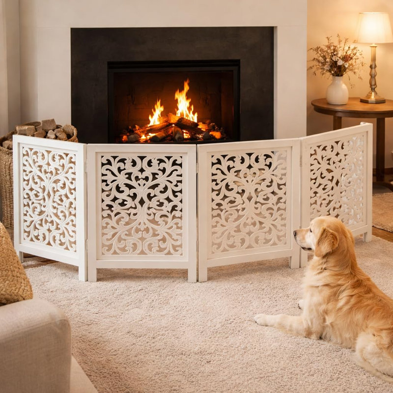 Barrière pour chien en bois pliable autoportante à 4 panneaux, Blanc