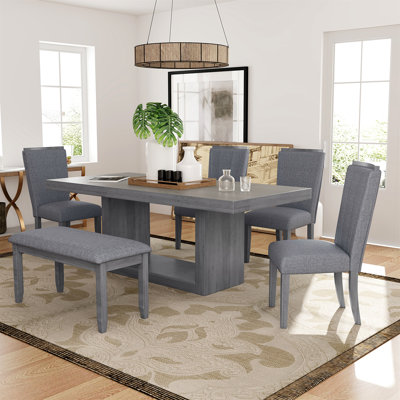 Contemporary 6-Piece 78Inch Extendable Pedestal Dining Table Set With 18Inch Removable Leaf And Dining Bench, 4 Upholstered Dining Chairs -  Wildon HomeÂ®, 171508DB74C24A1D9008D4888002D1EB