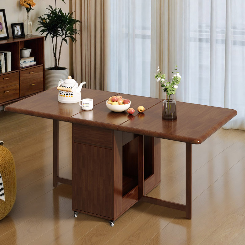 Foldable Extending Table in Walnut, Solid Wood with Casters, 2 Drawers and Concealed Storage Space（Without Chairs） Fast Dispatch From UK Warehouse – Dispatched Within 2 Days
