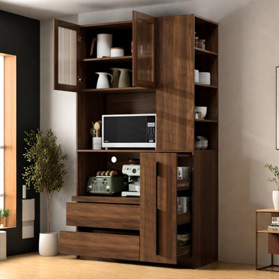 Tall Kitchen Pantry Cabinet with Glass Doors, Drawers, and Multi-Tier Storage