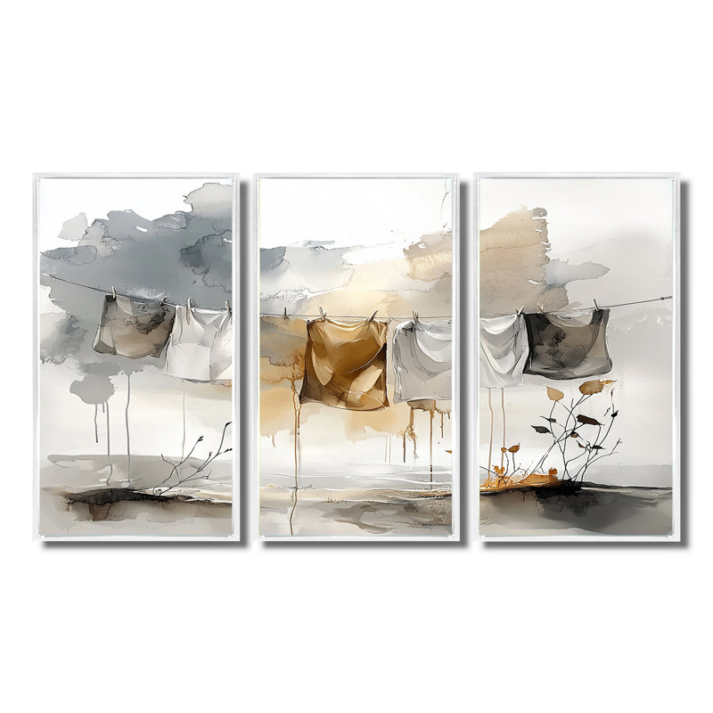 Ensemble de décorations murales gris Hanging Out Laundry I, Toile encadrée flottée blanche, H 40 po x l 60 po x P 1 po