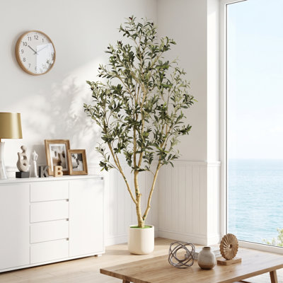 Olive artificielle de 7 pi avec pot à fleurs blanc, plantes artificielles pour la maison et le bureau