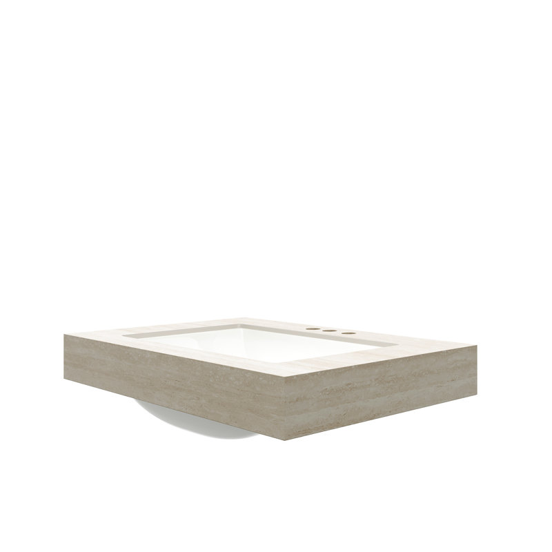 Comptoir en pierre frittée à motif beige 76 cm (30 po) avec lavabo encastré en céramique, trois trous prépercés pour robinetterie standard, profondeur 75,2 cm (29,63 po), largeur 48,4 cm (19,07 po), poids 21,8 kg (48,12 lb), hauteur 21 cm (8,29 po), couleur beige.