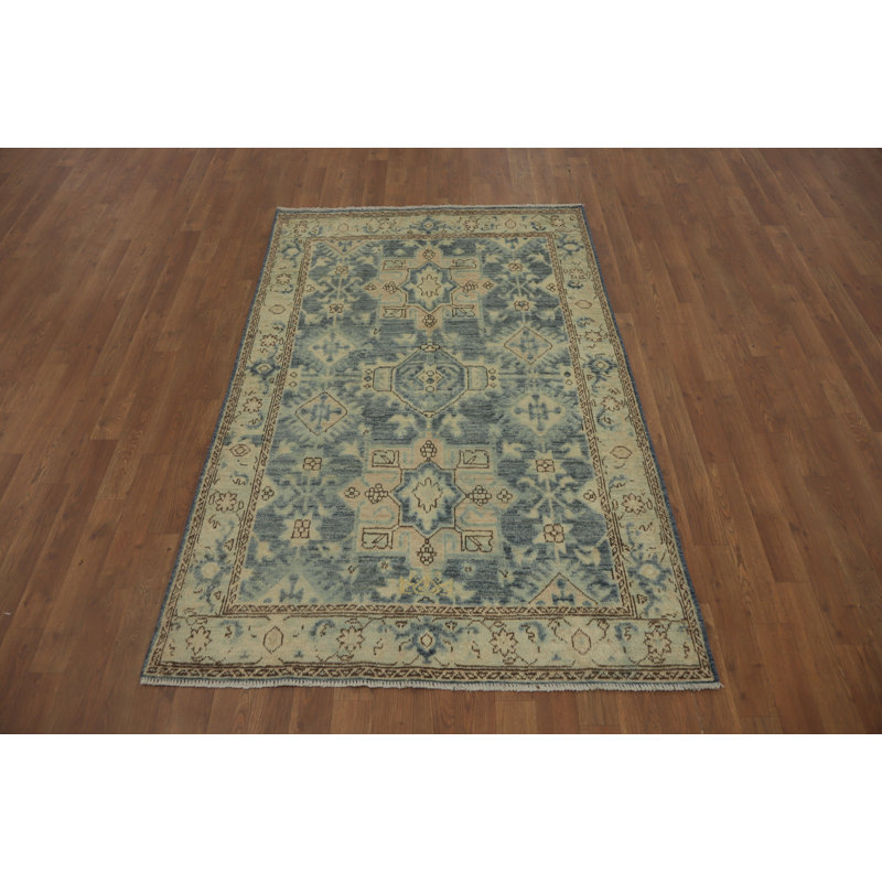Tapis géométrique Oushak bleu à motif de légumes 4 x 6