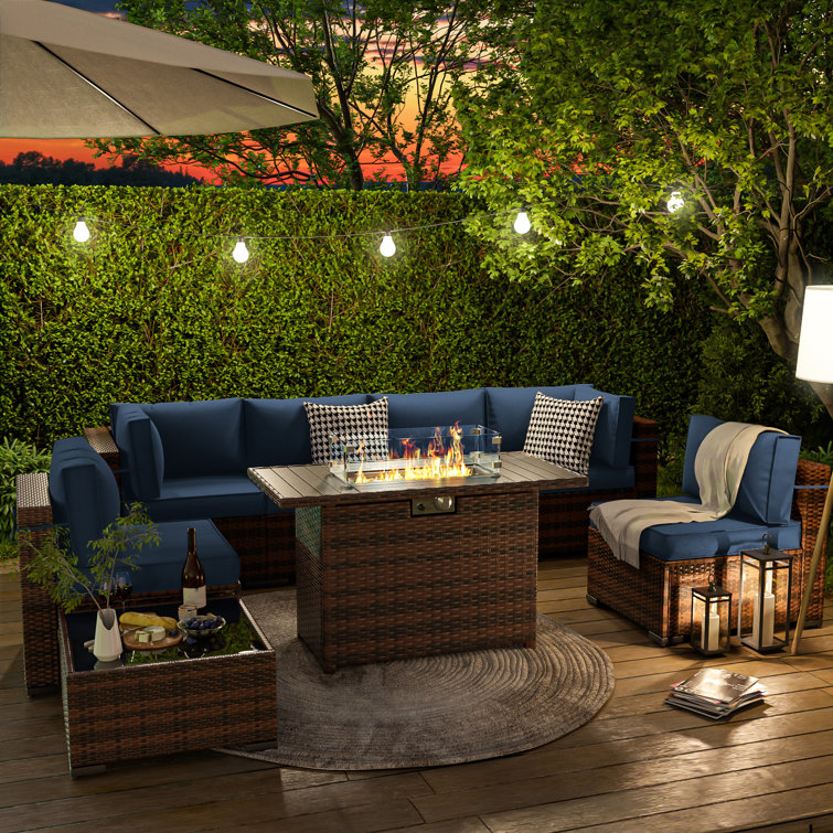 Romanas 8 Piece Patio Conversation Sets With Fire Pit Table