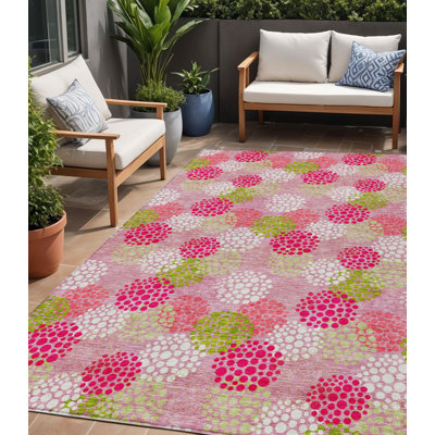 Tapis intérieur lavable à pois rose vert et ivoire 5 pi x 8 pi