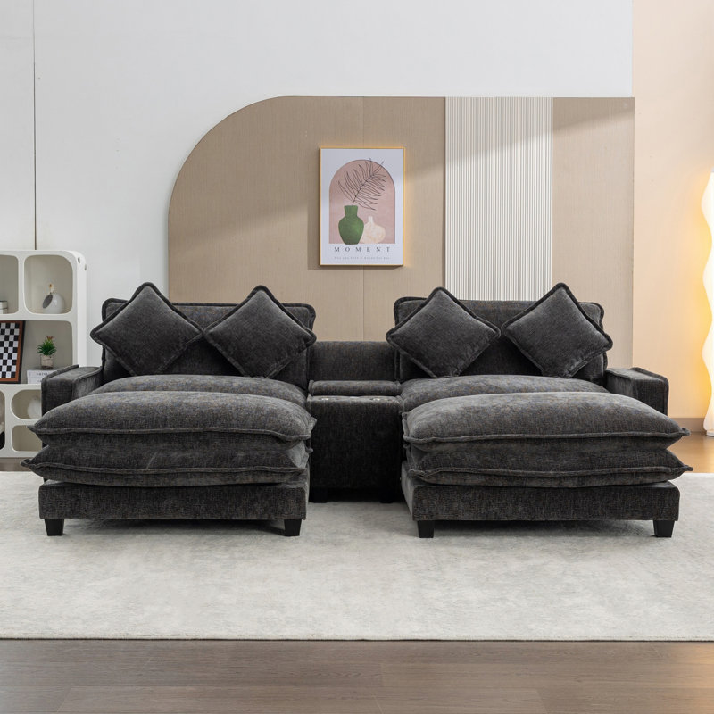 Canapé modulaire avec deux ports USB et deux porte-gobelets, canapé rembourré avec deux repose-pieds amovibles pour salon, appartement, bureau