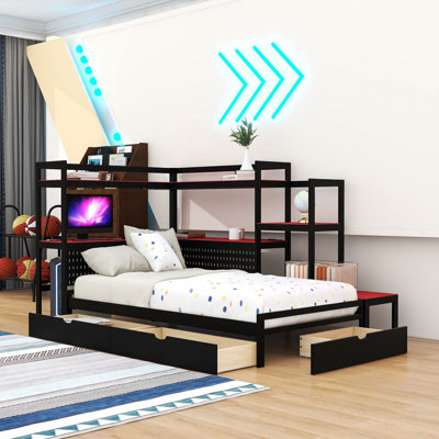 Platform Bed with Desk, LED Lights, Charging Station and 3 Drawers