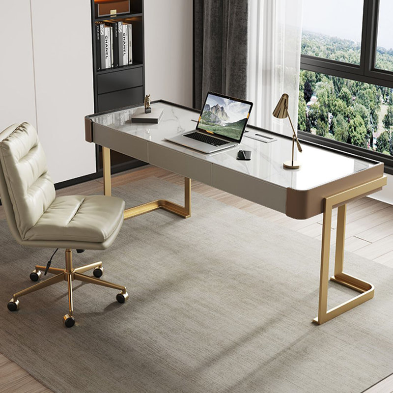 Bureau blanc avec tiroirs en pierre blanche avec tiroirs, H 29,53 po x l 70,87 po x P 23,62 po