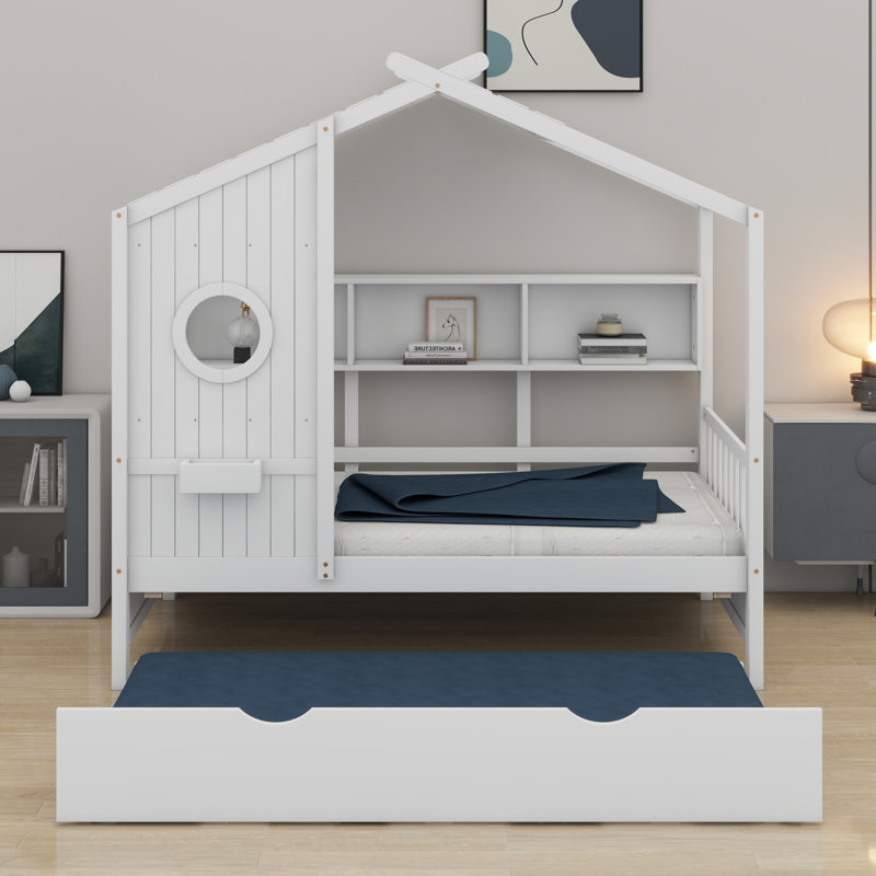 Lit en bois en forme de maison avec lit gigogne et tablettes de rangement, Lit simple, Blanc