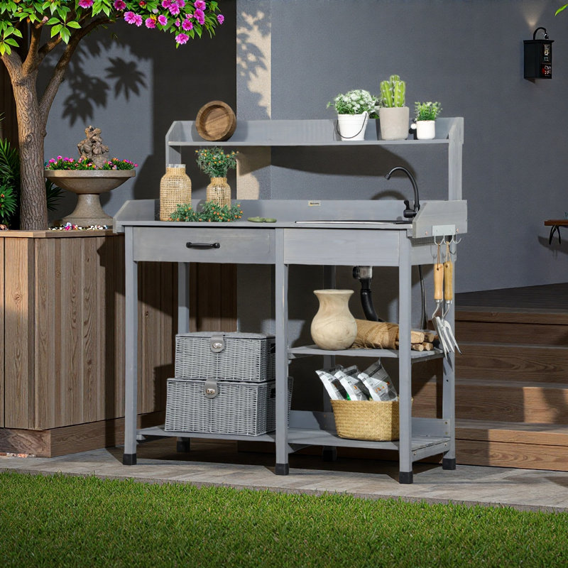 Banc de rempotage en bois avec tuyau d'évier amovible, Grey