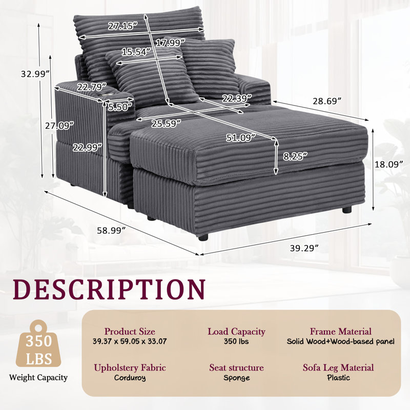 Oversized Chaise Lounge Chair Indoor with Ottoman, 39" W Corduroy Upholstered Comfy Sofa Couch with Cupholders and Deep Seat, Convertible Sleeper Sofa Bed Chair for Living Room, Bedroom