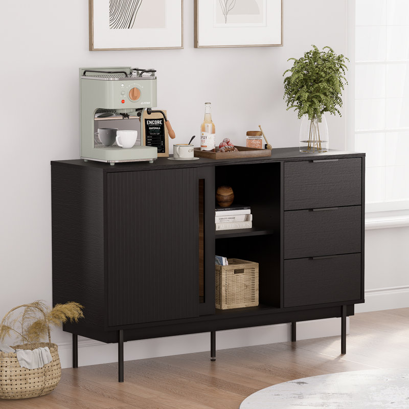 Black Wood Sideboard with Sliding Doors and Drawers, 47" x 31.5"
