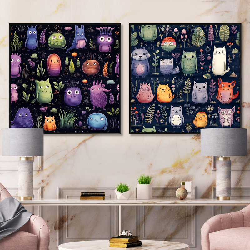 Mignon motif de monstres pour chambre à coucher pour enfants - ensemble de collage carré fantaisie et science-fiction