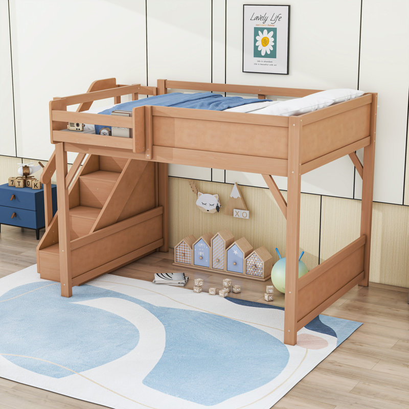Lit mezzanine avec penderie et tablettes intégrées, Naturel foncé, Lit double