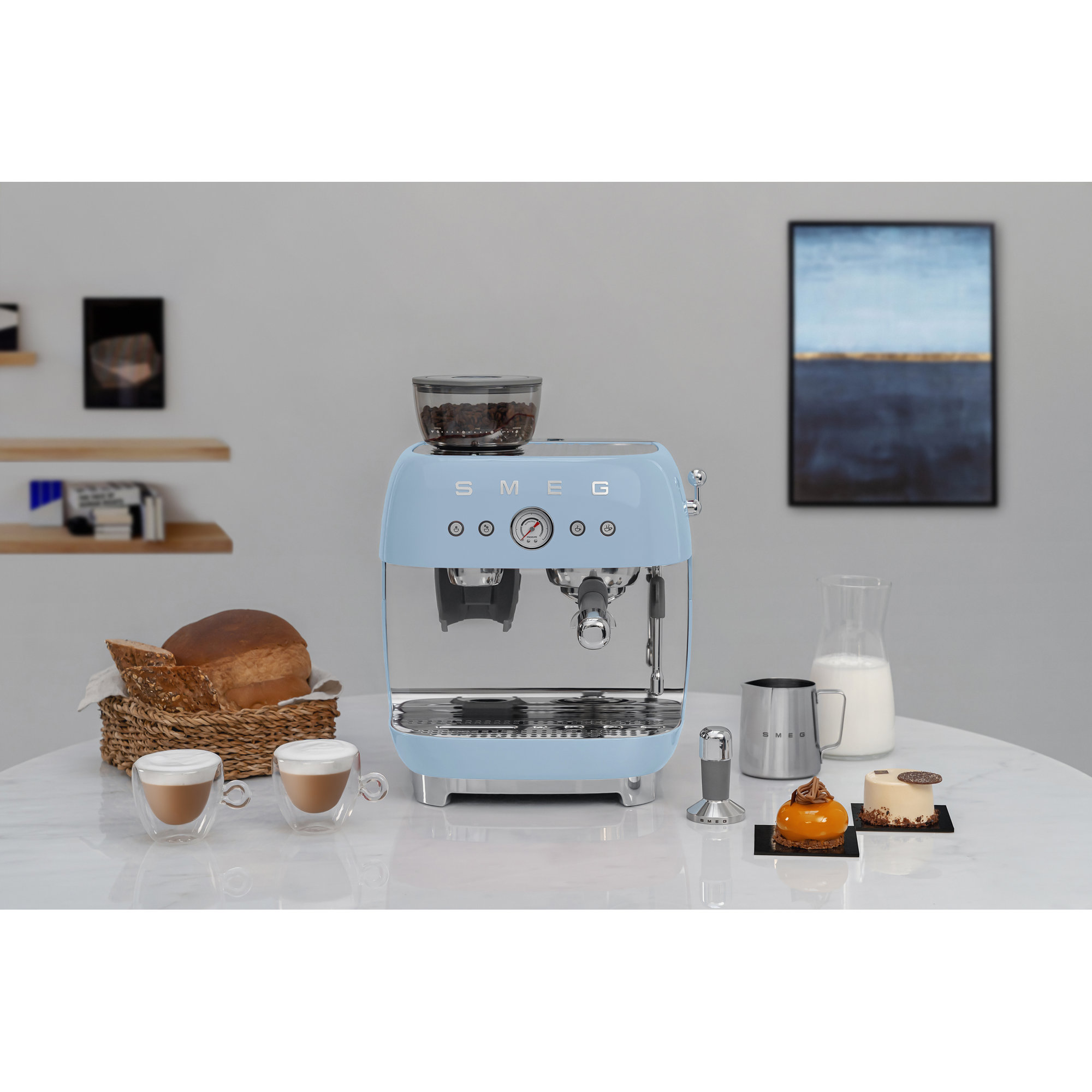 SMEG 50's Retro Style Semi-Automatic Espresso Coffee Machine with Grinder, Pastel Blue