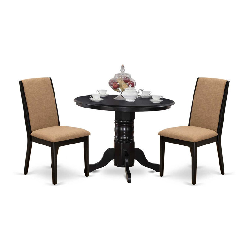 3 Piece Modern Dining Table Set Contains a Round Kitchen Table with Pedestal and 2 Light Sable Linen Fabric Parson Dining Chairs, Black