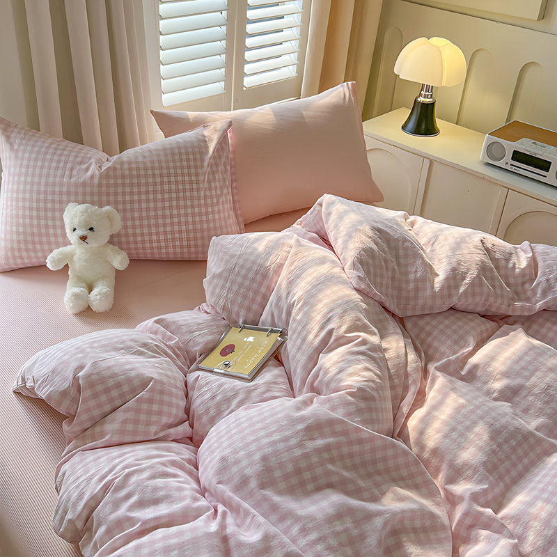 Nayoroom Boho Or Plaid Bedding Set Grid Duvet Cover With Zipper Ties 100% Washed Microfiber Soft Breathable Durable, Pink
