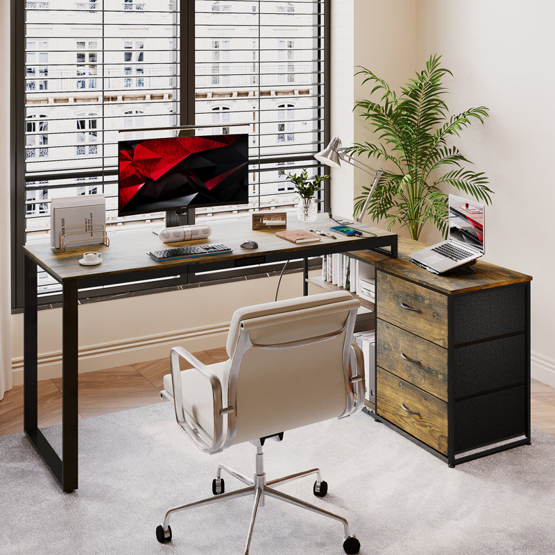 Ahriana L-Shaped Metal Base Computer Desk, Black, Brown