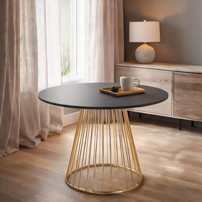 Table de salle à manger 4 places ronde avec base en acier doré et plateau noir mat, style contemporain, 37,75 pouces