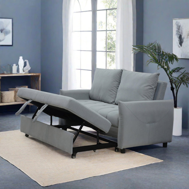 Modern 3 In 1 Sleeper Sofa Couch Bed Pull Out Sofa Bed Convertible Loveseat Light  Sleeper Futon With 2 Pillows & Side Storage Pockets