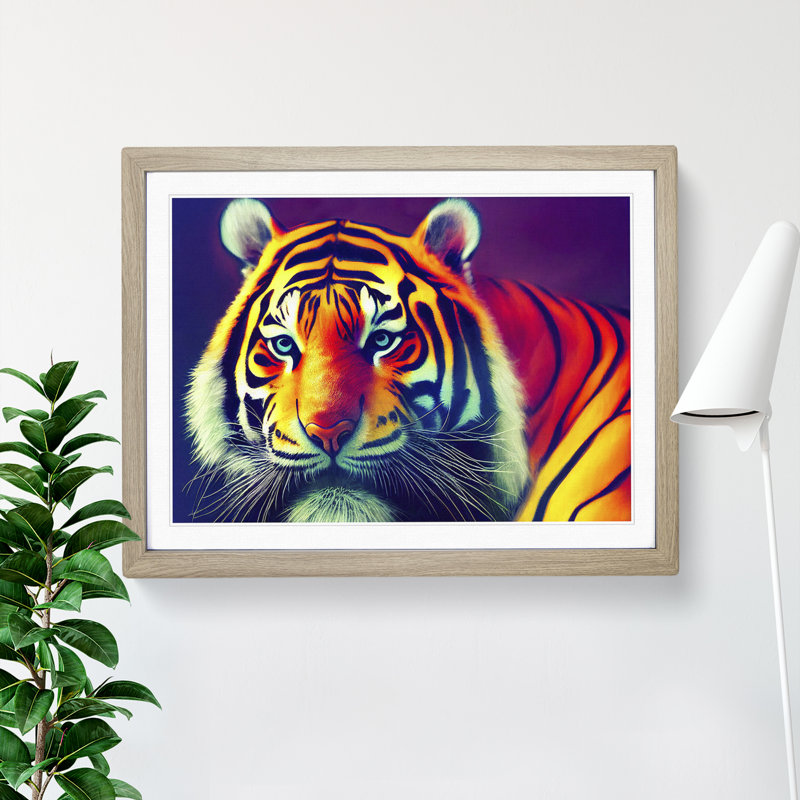 Illuminated Tiger - Single Picture Frame Print, 34cm H x 46cm W, Grey
