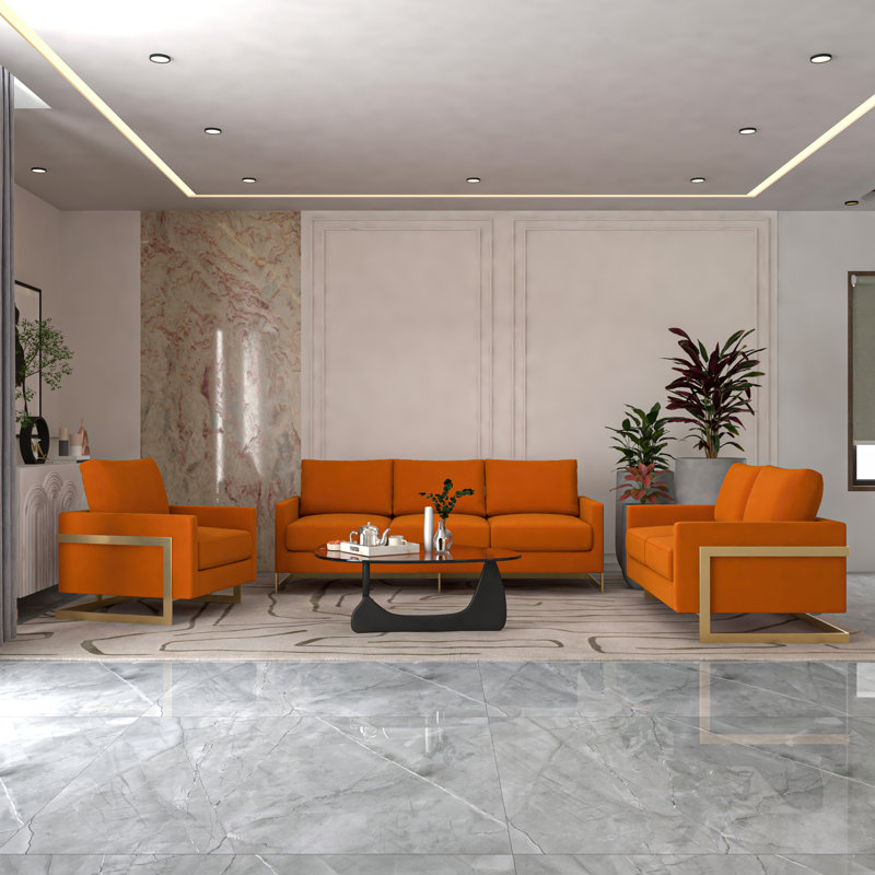 Canapé confortable en velours 3 places avec base en acier inoxydable Bellago, Orange marmelade