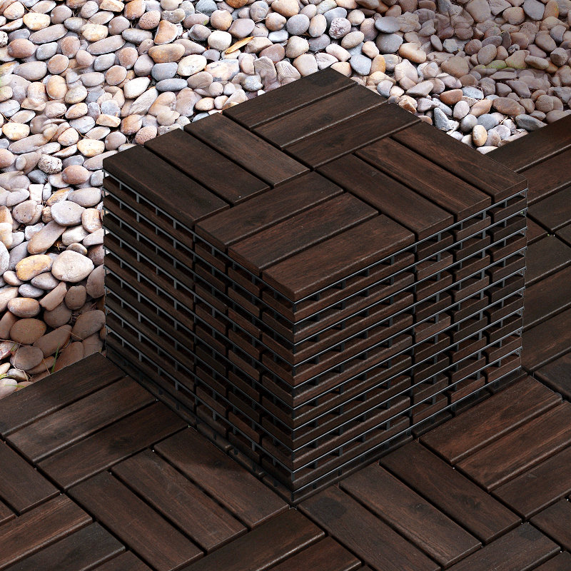 Carreaux de terrasse en bois teck (paquet de 10) - 12 lattes, Marron foncé