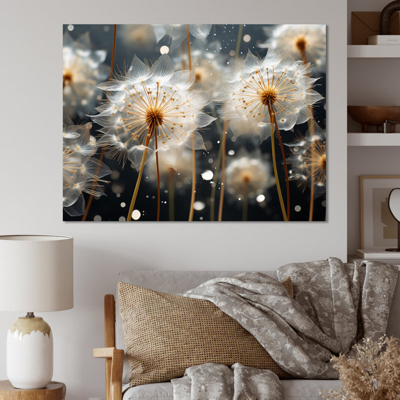 «White Teal Dandelion Symphony I», reproduction sur toile, H 24 po x l 32 po x P 1 po, Toile tendue