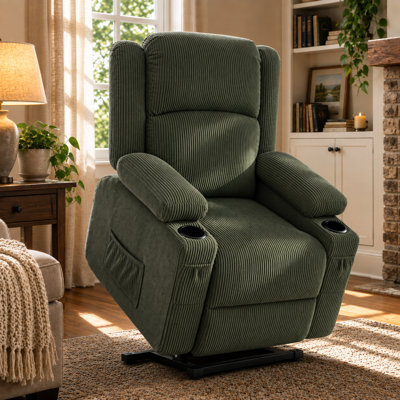 Fauteuil releveur électrique avec massage, chauffage lombaire, ports USB et de type C, capacité de 181 kg, velours côtelé bleu et vert