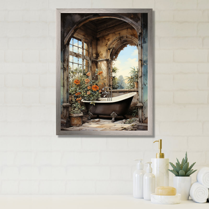 «Ceili Bathroom Vintage Tiles IV - Art mural de salle de bain», H 32 po x l 24 po x P 1 po, Cadre flottant brun
