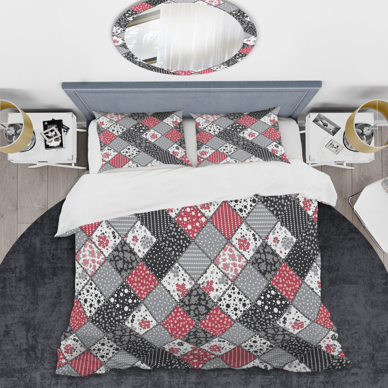 Patchwork rose et blanc - ensemble de housse de couette abstrait - microfibre de polyester