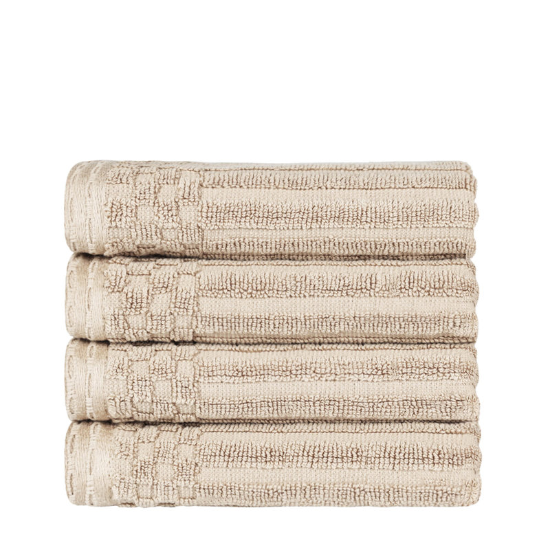 Kleiman Cotton Highly Absorbent Solid and Checkered Border Hand Towel Set, Ivory