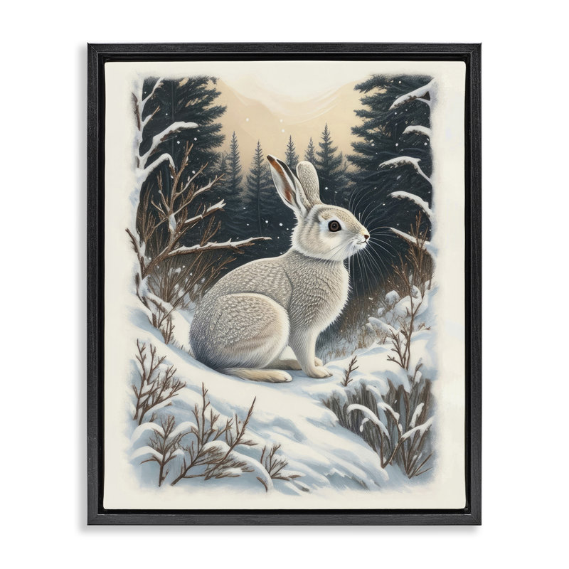«Rabbit in Winter Forest», art mural sur toile par Denise Dundon, H 31 po x l 25 po x P 1,7 po, Cadre flottant noir de jais