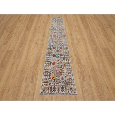 2'8"x16'2" White Vase Design Silk & Textured Wool Hand Knotted Runner Rug 2FA144FD064149CA9B96606869466E99