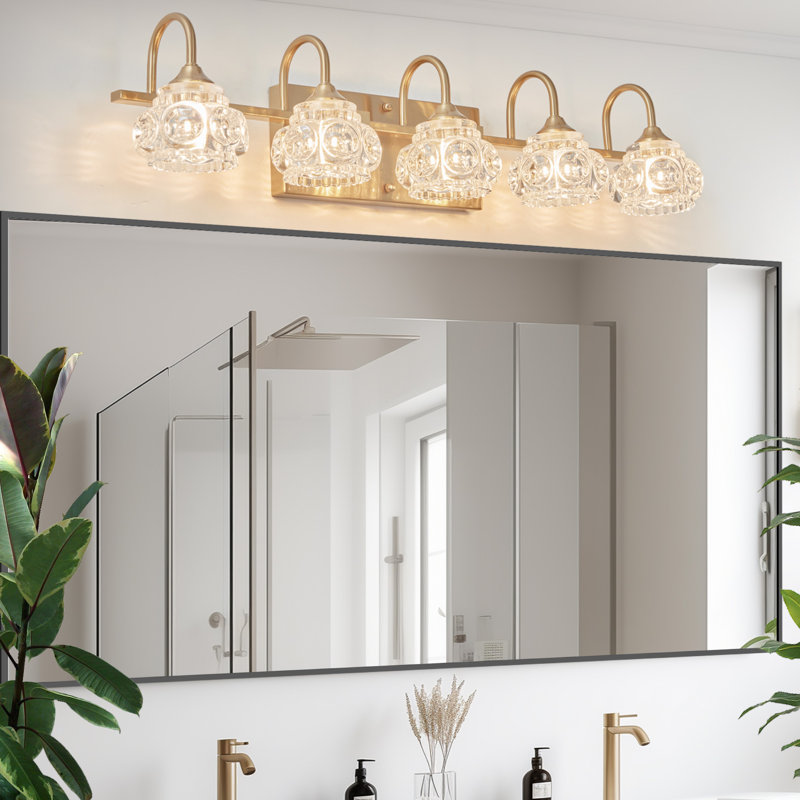 Luminaire de meuble-lavabo de salle de bain 5 lumières Retro avec verre cristal, Doré