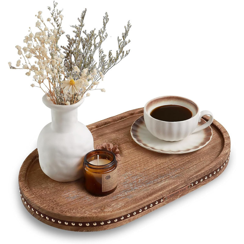 14.96" Solid Wood Oval Decorative Tray with Raised Legs for Home Decor