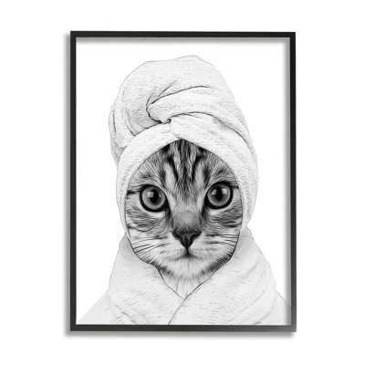 Funny Cat In Bathrobe Portrait Black Framed Giclee Art by Annalisa Latella