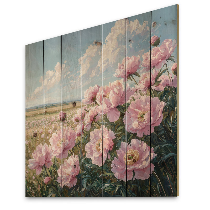 Peonies At The Farms Edge V - Peonies Wood Wall Art - On Natural Pine Wood, 30" H x 30" W x 0.78" D